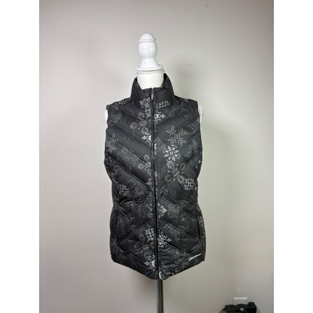 Eddie Bauer Womens M Black Snowflake Print Premium Goose Down Puffer Vest